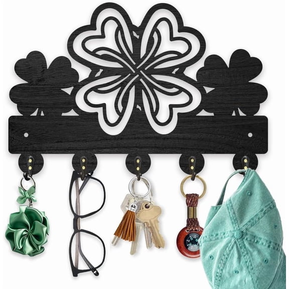 Lucky Clover Key Holder for Wall 11.8x7.8inch Four Leaf Clover Key Hooks St.Patrick's Day Wood Key Hanger Rack with 5 Alloy Hooks for Entryway Front Door Kitchen Decor for DIY