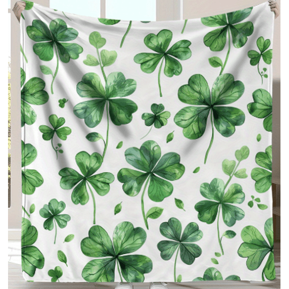 Lucky Clover Pattern Throw Blanket - Green & White Four-Leaf Clovers on Light Background, Soft All-Season Cozy Blanket for Bed, Sofa, Travel, St. Patrick's Day Decor