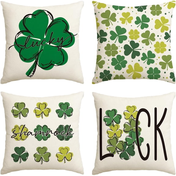 Lucky Clover ST Patricks Day Throw Pillow Covers, 18 x 18 Inch Shamrock Decoration for Sofa Couch Set of 4