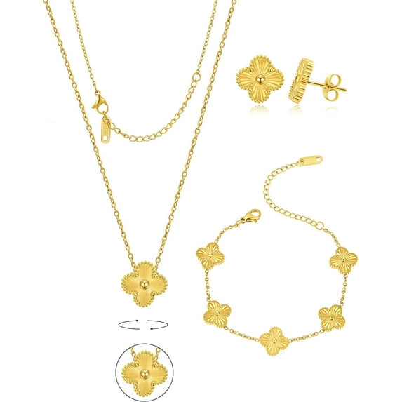 Lucky Clover Sets 18K Gold Plated,Bracelet,Earring,Necklace Pendant for Women with Adjustable Charm Simple Cute Jewelry