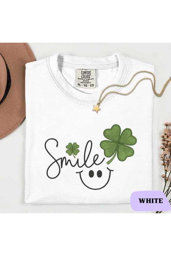 Lucky Clover Smiley Face Graphic Tee, Four Leaf Shamrock Saint Patrick Festival Design Comfort Colors Unisex Cotton T-Shirt, Size S-3XL