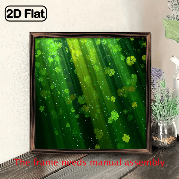 Lucky Clover Wall Art - 8x8 Inch Wood Framed Green Golden Shamrock Painting for St Patrick's Day, Christmas, Easter, New Year's Decor - Home Office Living Room Decoration, Year-Round Good Luck Sign