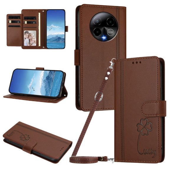 Lucky Clover Wallet Case for BLU Bold K50 with Card Slots & Wireless Charging Brown