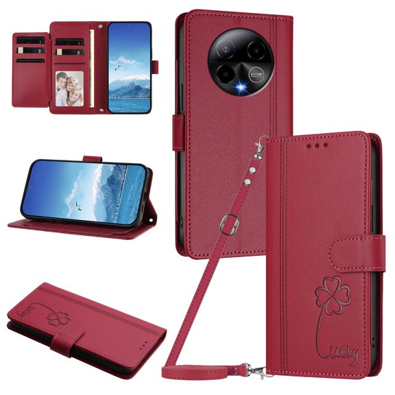 Lucky Clover Wallet Case for BLU Bold K50 with Card Slots & Wireless Charging Red