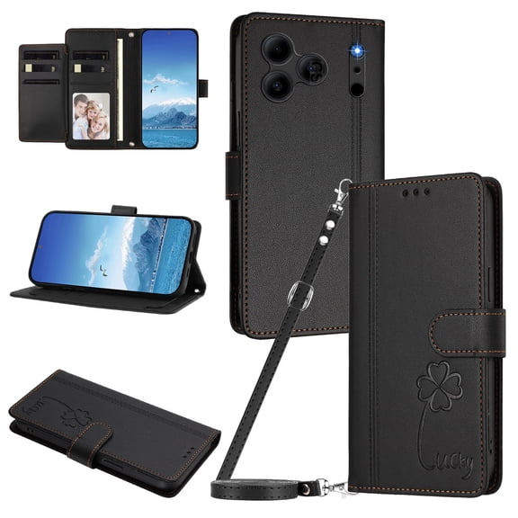 Lucky Clover Wallet Case for Doogee Note 56 with Card Slots & Wireless Charging Black