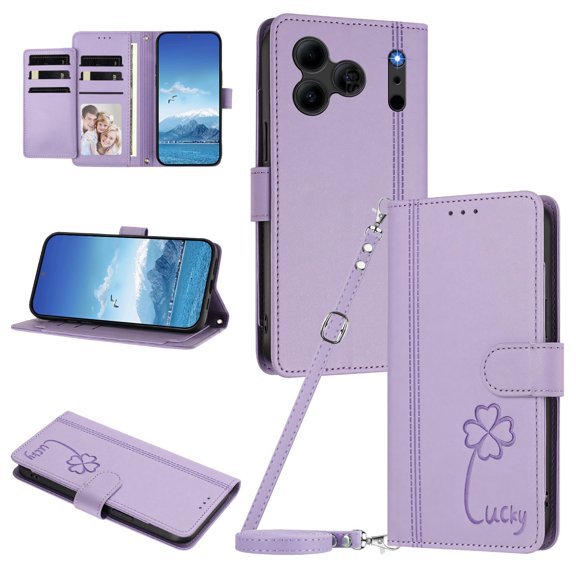 Lucky Clover Wallet Case for Doogee Note 56 with Card Slots & Wireless Charging Light Purple