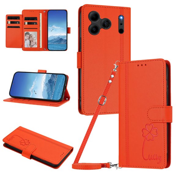 Lucky Clover Wallet Case for Doogee Note 56 with Card Slots & Wireless Charging Orange