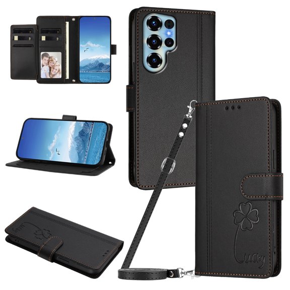 Lucky Clover Wallet Case for Doogee Note 56X with Card Slots & Wireless Charging Black