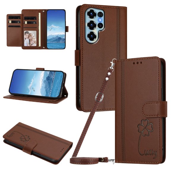 Lucky Clover Wallet Case for Doogee Note 56X with Card Slots & Wireless Charging Brown