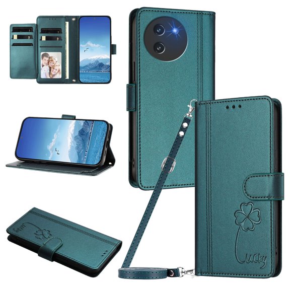 Lucky Clover Wallet Case for Doogee Note 59 with Card Slots & Wireless Charging Dark Green