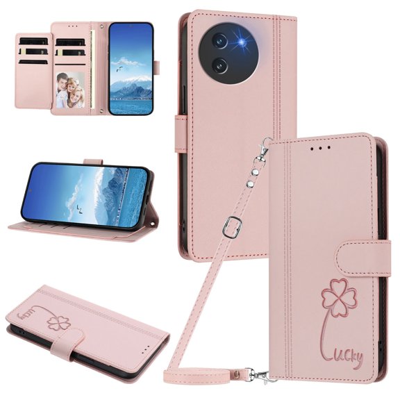 Lucky Clover Wallet Case for Doogee Note 59 with Card Slots & Wireless Charging Pink