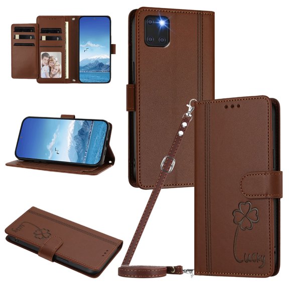 Lucky Clover Wallet Case for Samsung Galaxy Note 10 Lite with Card Slots & Wireless Charging Brown