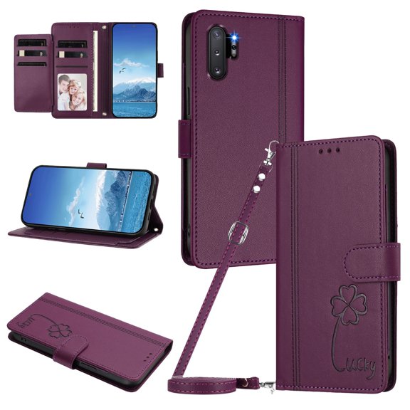 Lucky Clover Wallet Case for Samsung Galaxy Note 10 Plus with Card Slots & Wireless Charging Violet