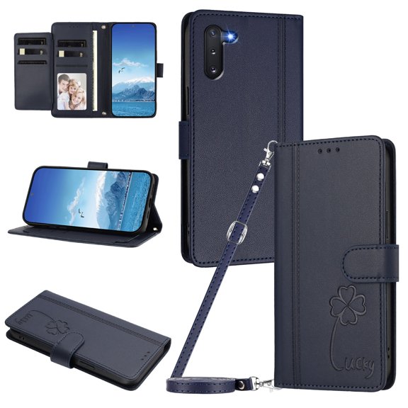 Lucky Clover Wallet Case for Samsung Galaxy Note 10 with Card Slots & Wireless Charging Dark Blue