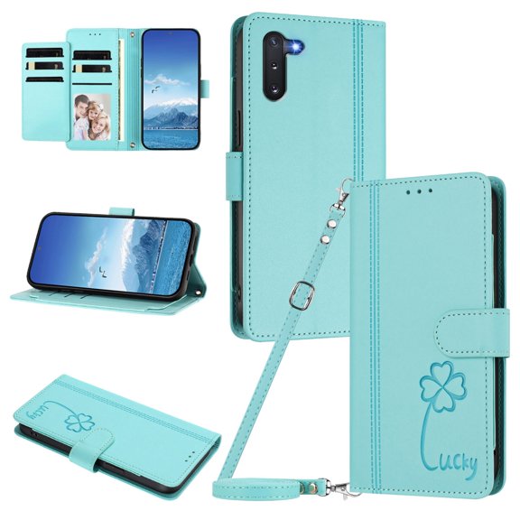 Lucky Clover Wallet Case for Samsung Galaxy Note 10 with Card Slots & Wireless Charging Mint Green