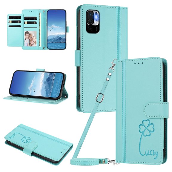 Lucky Clover Wallet Case for Xiaomi Redmi Note 10 5G with Card Slots & Wireless Charging Mint Green