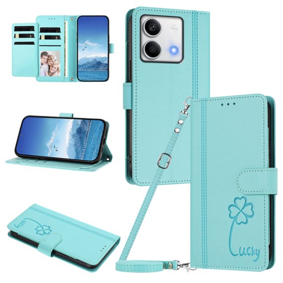 Lucky Clover Wallet Case for Xiaomi Redmi Note 13 5G with Card Slots & Wireless Charging Mint Green