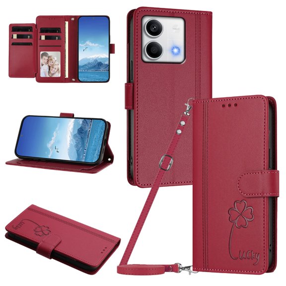 Lucky Clover Wallet Case for Xiaomi Redmi Note 13 5G with Card Slots & Wireless Charging Red