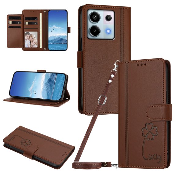 Lucky Clover Wallet Case for Xiaomi Redmi Note 13 Pro 5G with Card Slots & Wireless Charging Brown