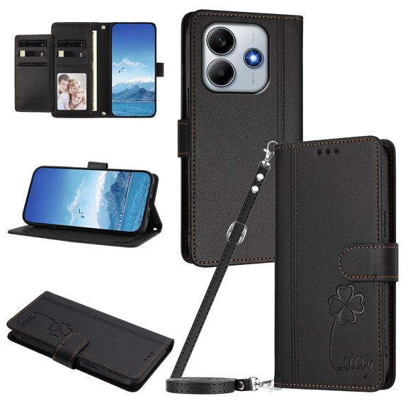 Lucky Clover Wallet Case for Xiaomi Redmi Note 14 4G with Card Slots & Wireless Charging Black