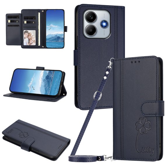Lucky Clover Wallet Case for Xiaomi Redmi Note 14 4G with Card Slots & Wireless Charging Dark Blue