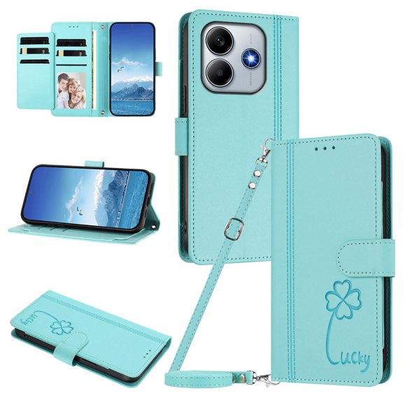 Lucky Clover Wallet Case for Xiaomi Redmi Note 14 4G with Card Slots & Wireless Charging Mint Green