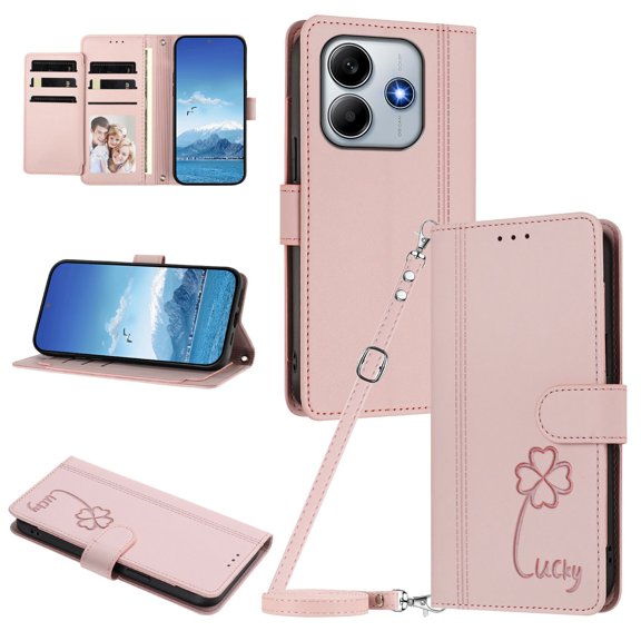 Lucky Clover Wallet Case for Xiaomi Redmi Note 14 4G with Card Slots & Wireless Charging Pink