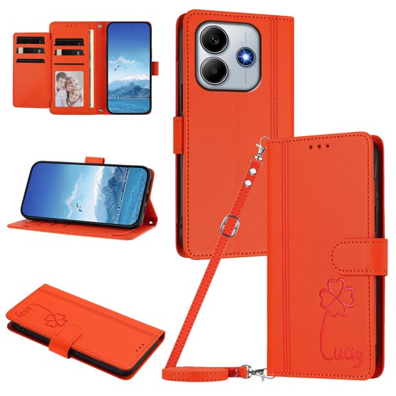Lucky Clover Wallet Case for Xiaomi Redmi Note 14 5G with Card Slots & Wireless Charging Orange