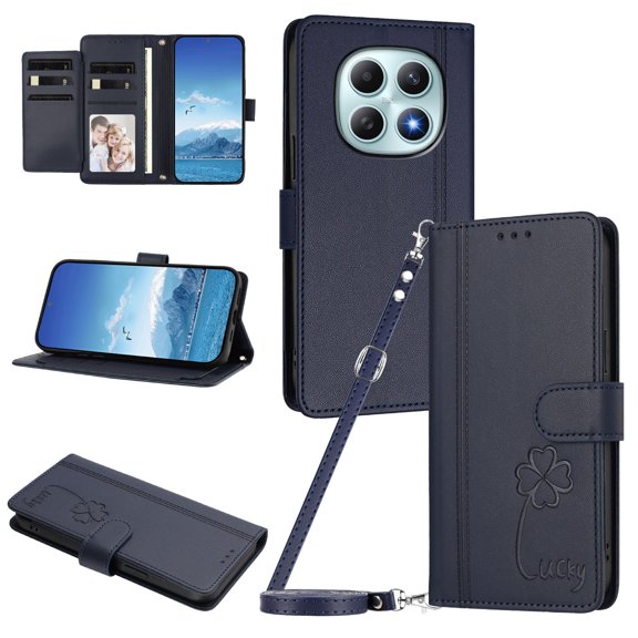 Lucky Clover Wallet Case for Xiaomi Redmi Note 15 4G/5G with Card Slots & Wireless Charging Dark Blue