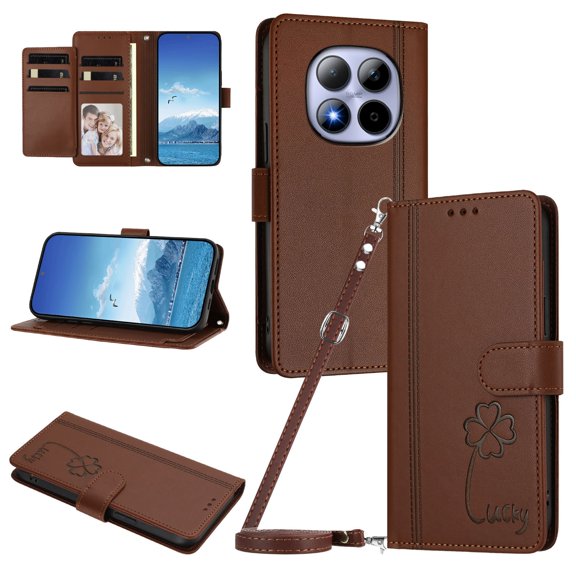 Lucky Clover Wallet Case for Xiaomi Redmi Note 15 Pro 5G with Card Slots & Wireless Charging Brown