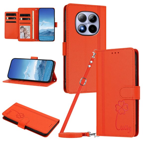 Lucky Clover Wallet Case for Xiaomi Redmi Note 15 Pro Plus 5G with Card Slots & Wireless Charging Orange