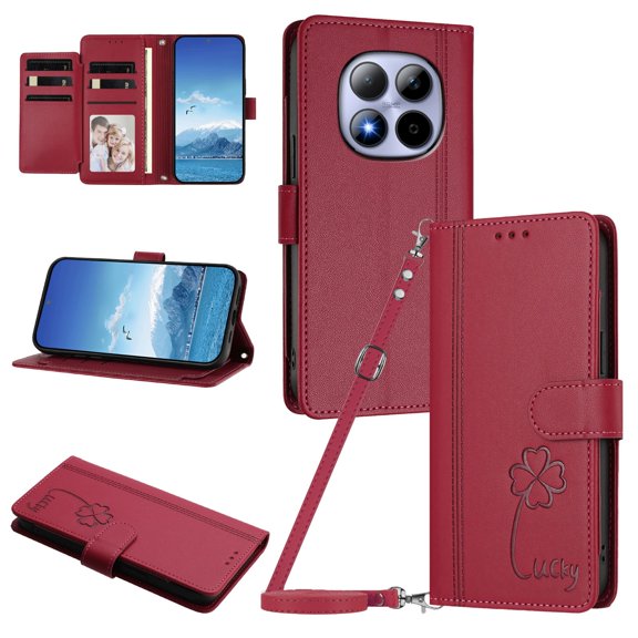 Lucky Clover Wallet Case for Xiaomi Redmi Note 15 Pro Plus 5G with Card Slots & Wireless Charging Red