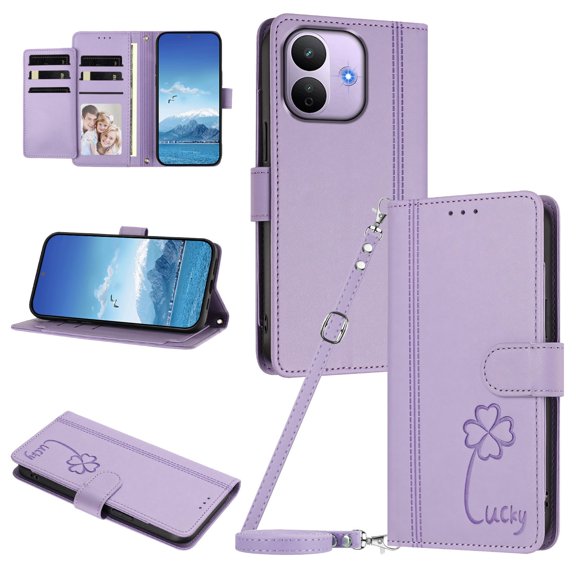 Lucky Clover Wallet Case for Xiaomi Redmi Note 17 Pro 5G with Card Slots & Wireless Charging Light Purple