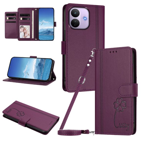 Lucky Clover Wallet Case for Xiaomi Redmi Note 17 Pro 5G with Card Slots & Wireless Charging Violet