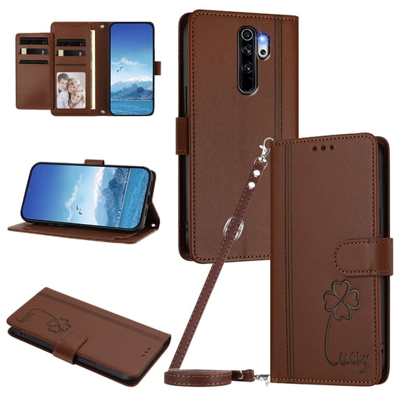 Lucky Clover Wallet Case for Xiaomi Redmi Note 8 Pro 4G with Card Slots & Wireless Charging Brown