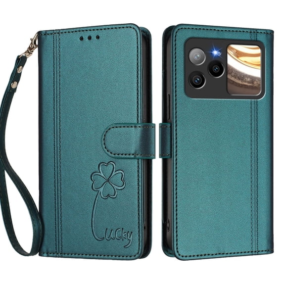 Lucky Clover Wallet Phone Case for BLU Bold N4, 9 Card Slots Flip PU Leather Folio Cover with Hand Strap Kickstand Shockproof Protective Cash Pocket Phone Purse Case.B04