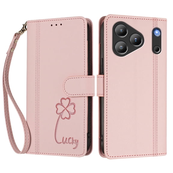 Lucky Clover Wallet Phone Case for Blackview Wave 7C , 9 Card Slots Flip PU Leather Folio Cover with Hand Strap Kickstand Shockproof Protective Cash Pocket Phone Purse Case.B05