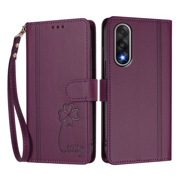 Lucky Clover Wallet Phone Case for Oneplus Nord 5 5G/ACE 5 Ultra, 9 Card Slots Flip PU Leather Folio Cover with Hand Strap Kickstand Shockproof Protective Cash Pocket Phone Purse Case.B02Violet