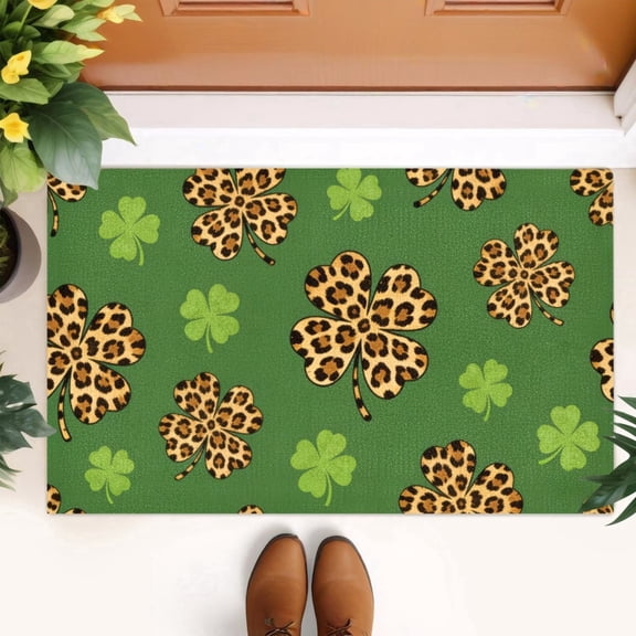 Lucky Clover Welcome Mat Leopard Print Clover Door Mats Thick Four Leaf St.Patricks Car Bath Mats Green Non Slip Outside Floor Mat Rug for Outdoor Indoor