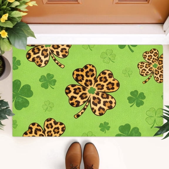 Lucky Clover Welcome Mat Leopard Print Clover Door Mats Thick Four Leaf St.Patricks Car Bath Mats Green Non Slip Outside Floor Mat Rug for Outdoor Indoor