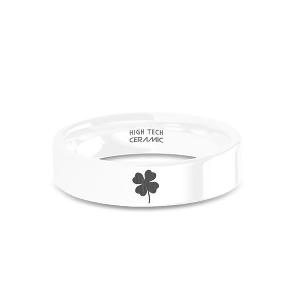 Lucky Cloverleaf Laser Engraving Polished White Ceramic Ring, 6mm, Size 6