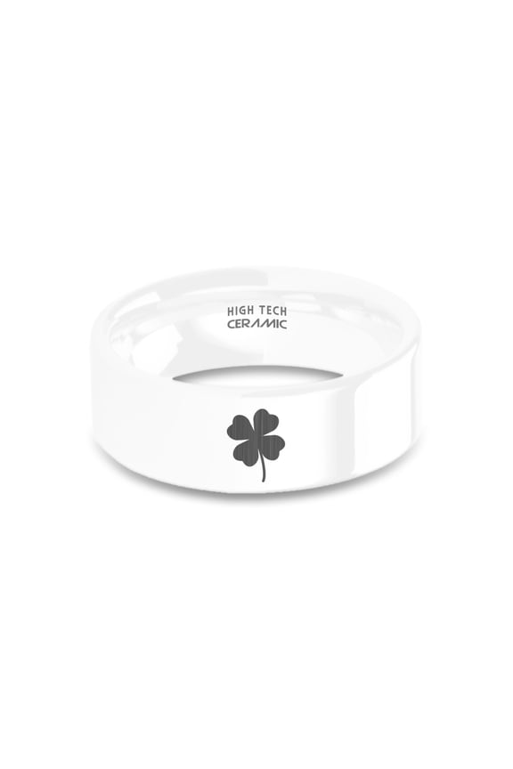 Lucky Cloverleaf Laser Engraving Polished White Ceramic Ring, 8mm, Size 9