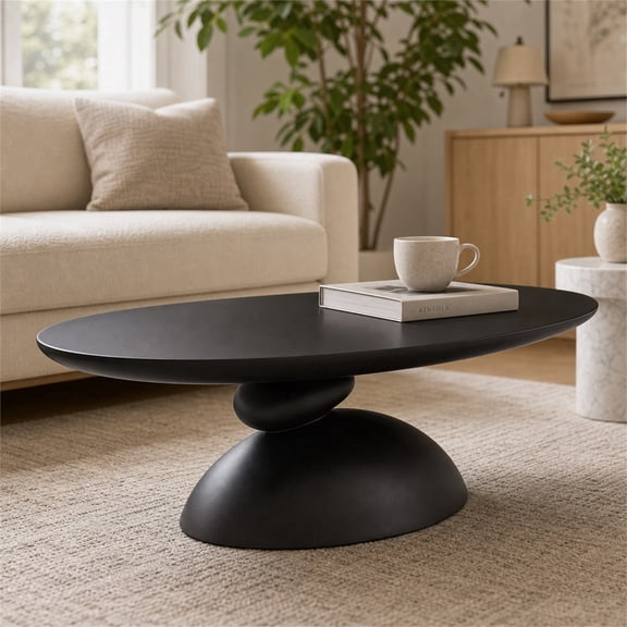 Lucky Coffee Table 47.2" Black, Sculptural Fiberglass Table with Matte Finish, Minimalist Scandinavian Low Coffee Table, Designer-Inspired Pebble Base Center Table for Modern Living Room & Apartment