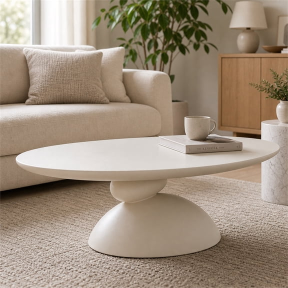 Lucky Coffee Table 47.2" Cream, Sculptural Fiberglass Table with Matte Finish, Minimalist Scandinavian Low Coffee Table, Designer-Inspired Pebble Base Center Table for Modern Living Room & Apartment