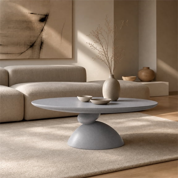 Lucky Coffee Table 47.2" Gray, Sculptural Fiberglass Table with Matte Finish, Minimalist Scandinavian Low Coffee Table, Designer-Inspired Pebble Base Center Table for Modern Living Room & Apartment