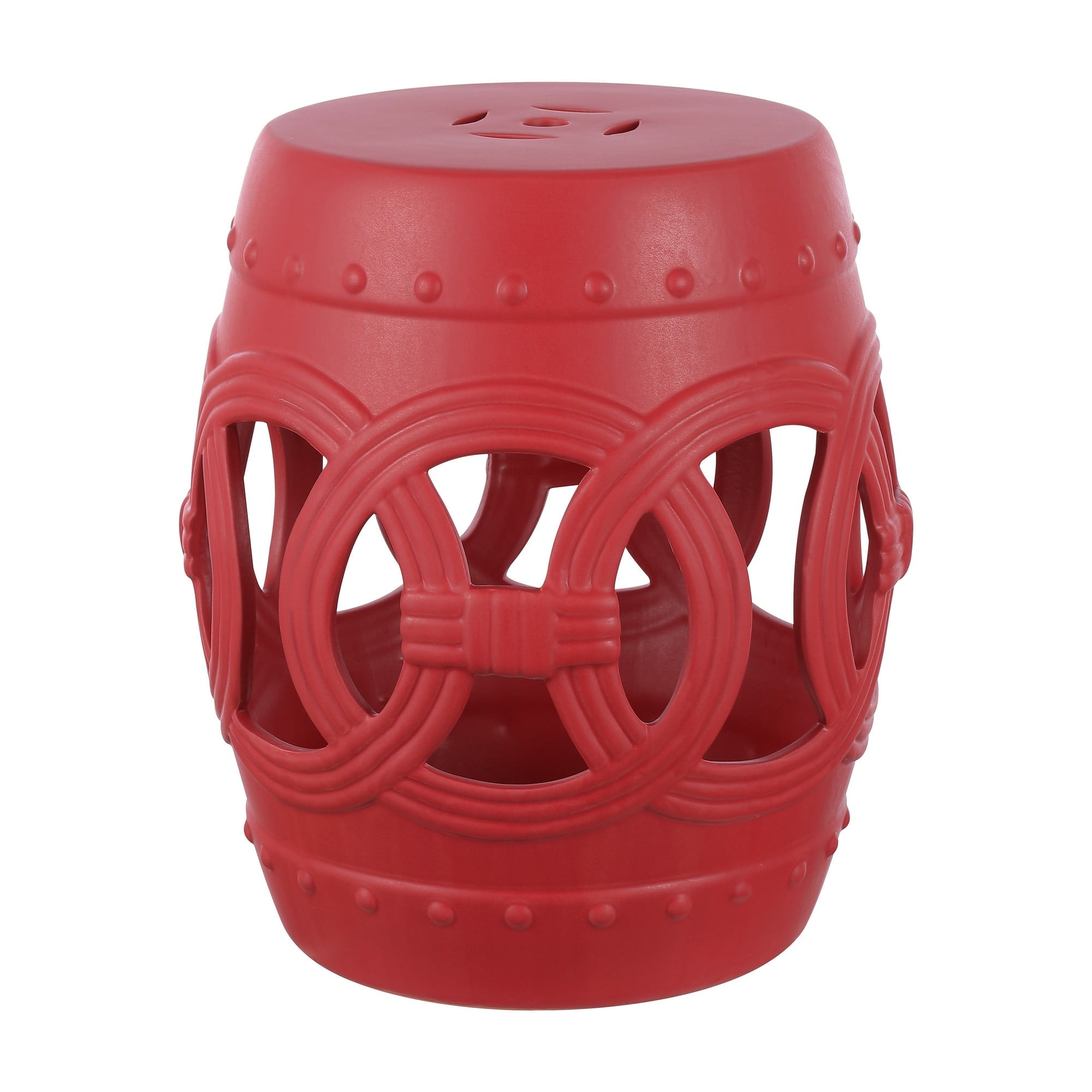 Matte Red 16" Ceramic Drum Garden Stool with Lucky Coin Symbols