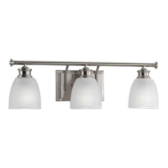 Lucky Collection Three-Light Brushed Nickel Frosted Prismatic Glass Coastal Bath Vanity Light