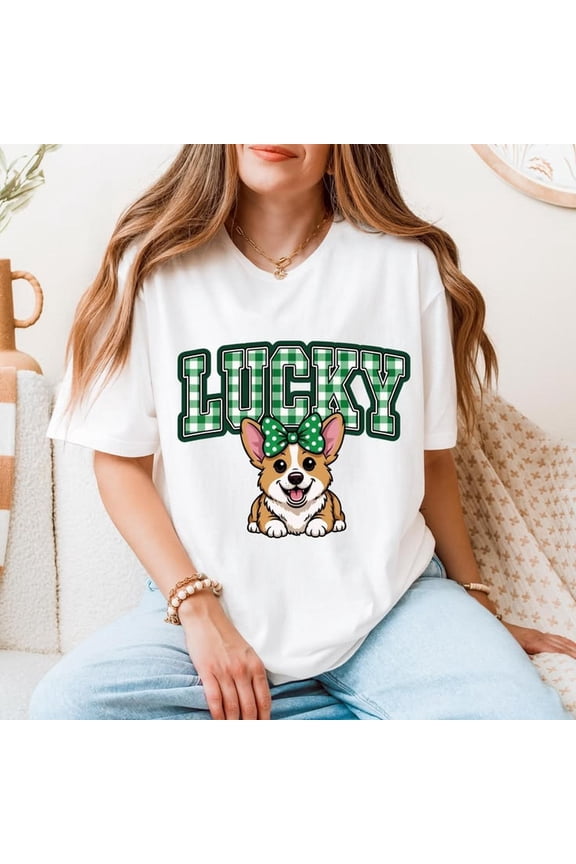Lucky Corgi Shirt, St Patrick's Day Dog T1EE, Cute Corgi with Bow Graphic, Irish Puppover Gift, Lucky Dog uniSex TShirt, Gift for her 1