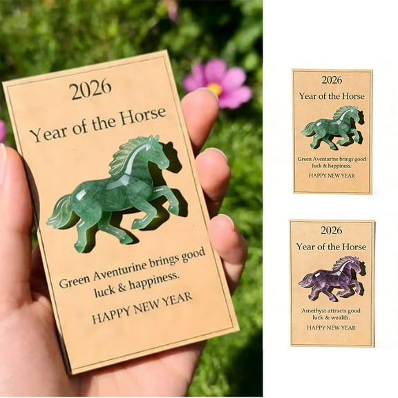 Lucky Crystal Horse, Year of The Horse Lucky Crystal Figurine Card, Lucky Green Aventurine Horse Amethyst Crystal Horses with Meaning Card, Horses Decoration Year Gift for Friend Family