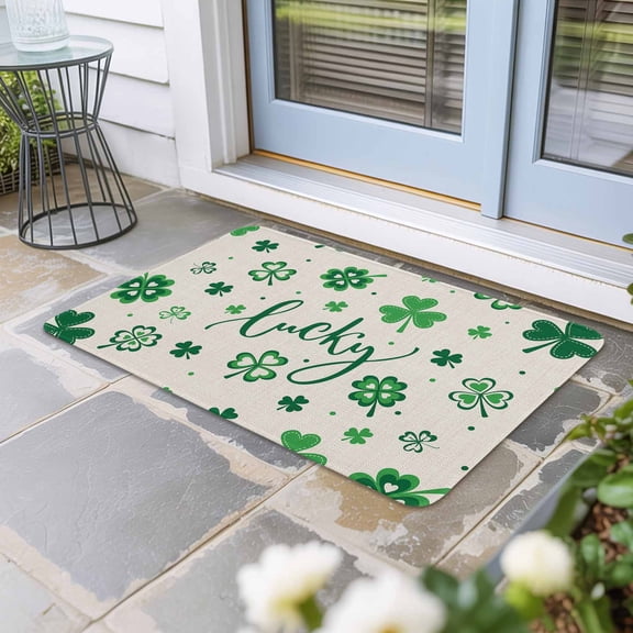 Lucky Day Door Mat Indoor Outdoor, St. Patrick's Shamrock Rustic Clover Green Non Slip Welcome Mat with Rubber Backing, Absorbent Fabric Front Door Mats Entryway Rug for Home Patio Entrance 16"x24"